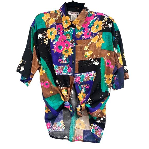 VTG Floral Shirt M Wacky Patchwork Boho 80s 90s Artsy Colorful Y2K Hawaiian Nerd - Picture 1 of 16